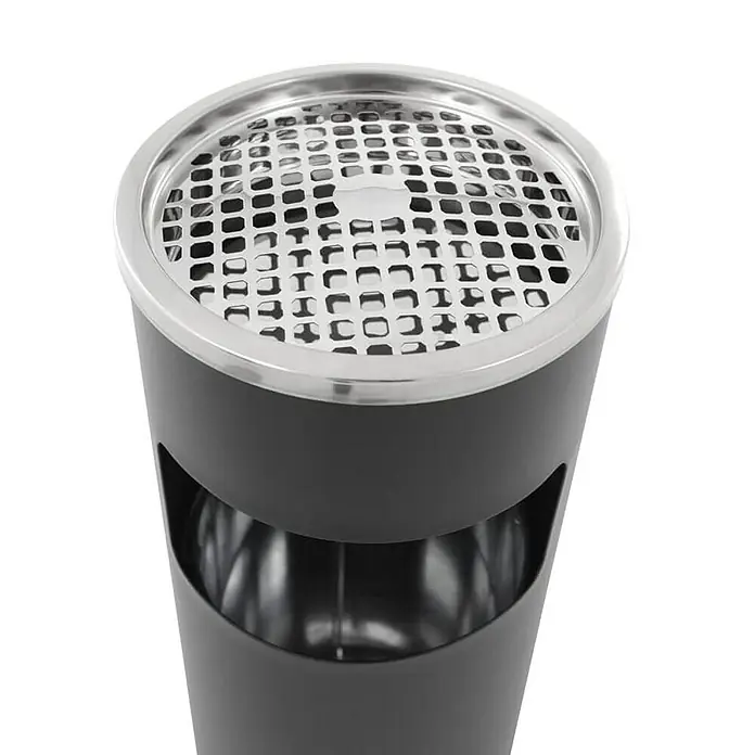 Proregal Asche-Mülleimer Rund - 12,5 l, Edelstahl, Schwarz - Dieser Standaschenbecher in Schwarz und Silber ist ein stilvolles Accessoire für den Außenbereich und bietet eine praktische Lösung für Raucherbereiche.