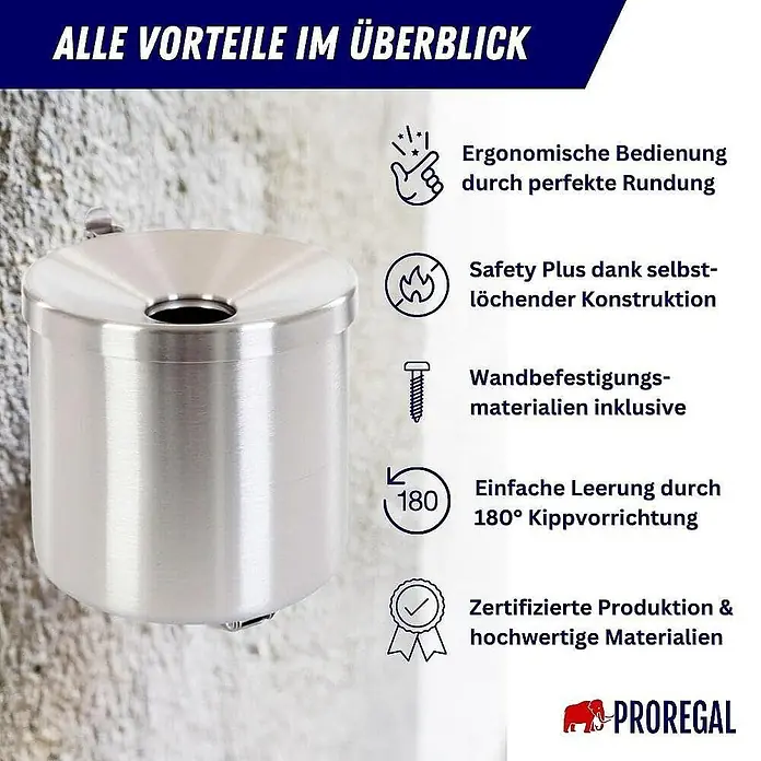 Proregal Asche-Mülleimer Rund feulöschend Wandaschenbecher - 2 l, Edelstahl, Edelstahl / Silber - Wandaschenbecher aus Edelstahl mit ergonomischem Design, Sicherheitsmerkmalen und einfacher Entleerung.