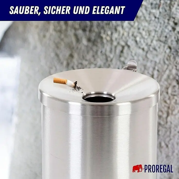 Proregal Asche-Mülleimer Rund feulöschend Wandaschenbecher - 2 l, Edelstahl, Edelstahl / Silber - Eleganter, runder Edelstahl-Aschenbecher für den Außenbereich mit Zigarettenstummel, präsentiert mit dem Slogan „Sauber, Sicher und Elegant“.