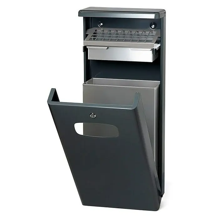 Proregal Asche-Mülleimer mit Bedachung für den Außenbreich - 32 l, Aluminium, Anthrazit - Offener, grauer Aschenbecher und Mülleimer zur Wandmontage mit Metalleinsatz und Aschenbechergitter für den Außenbereich.