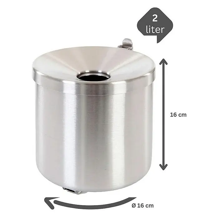Proregal Asche-Mülleimer Rund feulöschend Wandaschenbecher - 2 l, Edelstahl, Edelstahl / Silber - Bild eines zylindrischen, silbernen 2-Liter-Aschenbechers aus Metall mit den Maßen Ø 16 cm x 16 cm.