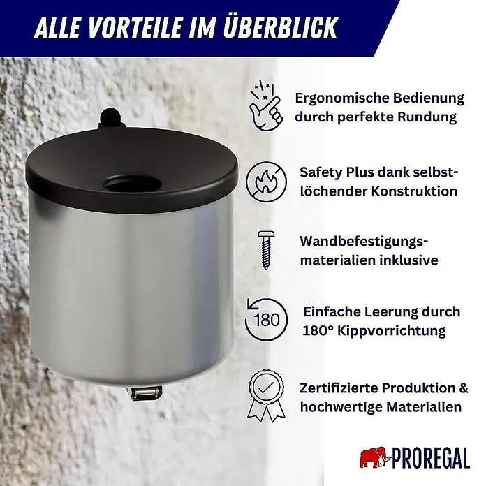 Proregal Asche-Mülleimer Rund feulöschend Wandaschenbecher - 2 l, Aluminium, Silber mit schwarzem Deckel - Wandaschenbecher aus Edelstahl mit Kippvorrichtung und selbstlöschender Konstruktion für den Außenbereich.