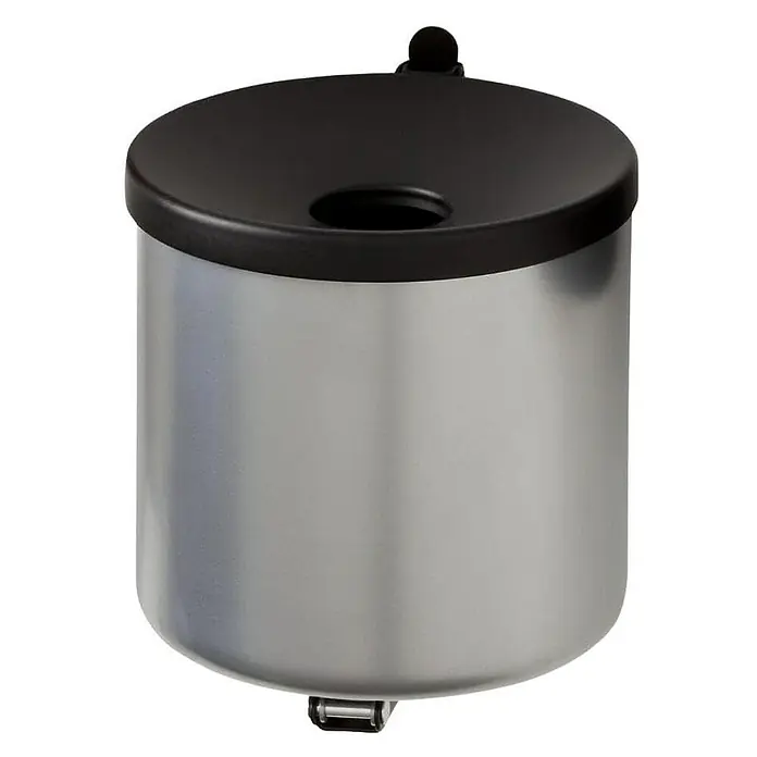 Proregal Asche-Mülleimer Rund feulöschend Wandaschenbecher - 2 l, Aluminium, Silber mit schwarzem Deckel - Ein runder, silberfarbener Papierkorb mit schwarzem Deckel und einer kleinen Öffnung in der Mitte für die Müllentsorgung.