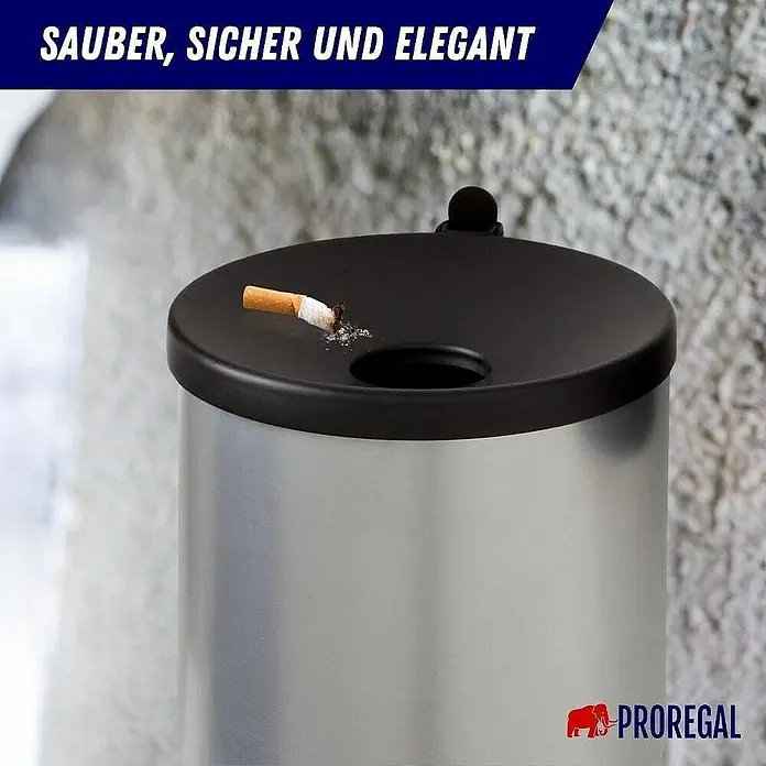 Proregal Asche-Mülleimer Rund feulöschend Wandaschenbecher - 2 l, Aluminium, Silber mit schwarzem Deckel - Der silberne Steh-Aschenbecher mit schwarzem Deckel bietet eine saubere und elegante Lösung für Raucherbereiche.
