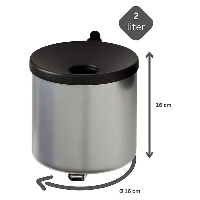 Proregal Asche-Mülleimer Rund feulöschend Wandaschenbecher - 2 l, Aluminium, Silber mit schwarzem Deckel - Ein silberfarbener 2-Liter-Kosmetikeimer mit schwarzem Deckel und den Maßen 16 cm Höhe und 16 cm Durchmesser.