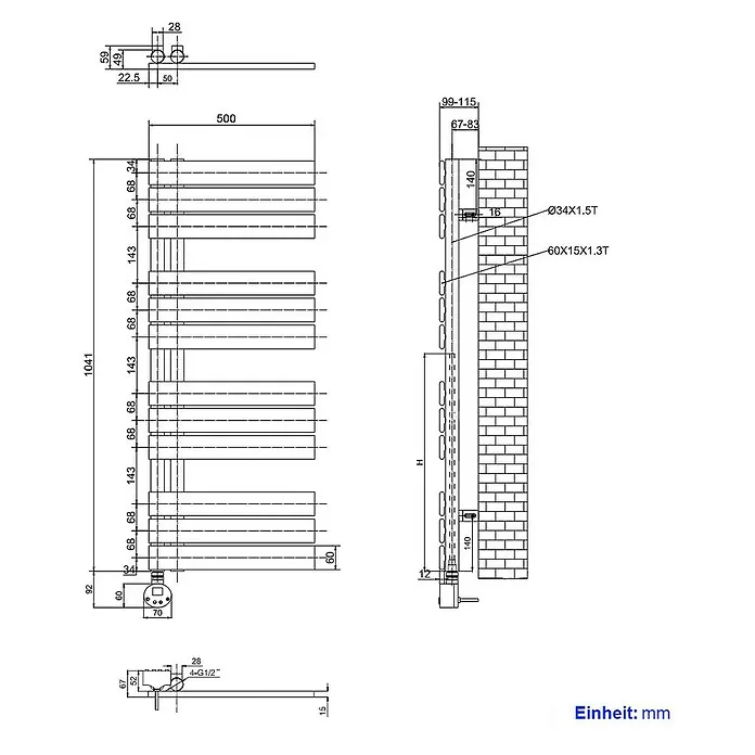 Emke Elektro-Badheizkörper Flachrohr Handtuchwärmer Calida - B x H: 50 x 104 cm - Technische Zeichnung eines Handtuchwärmers mit Maßangaben für Installation und Design, inklusive Wandabstand und Anschlussdetails.