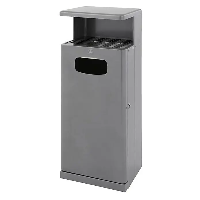 Proregal Asche-Mülleimer Robust mit Dach für den Außenbeich - 55 l, Metall, Anthrazit - Grauer, rechteckiger Mülleimer mit Ascher oben. Er verfügt über eine Einwurföffnung und ein Schloss für die Entleerung.