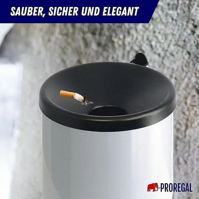 Proregal Asche-Mülleimer Rund feulöschend Wandaschenbecher - 2 l, Metall, Weiß mit schwarzem Deckel - Der elegante Proregal Aschenbecher für den Außenbereich. Sauber, sicher und stilvoll, ideal für Raucherbereiche im Freien.