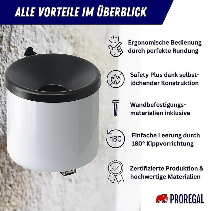 Proregal Asche-Mülleimer Rund feulöschend Wandaschenbecher - 2 l, Metall, Weiß mit schwarzem Deckel - Wandaschenbecher aus Metall in Weiß und Schwarz mit den Produktvorteilen im Überblick.