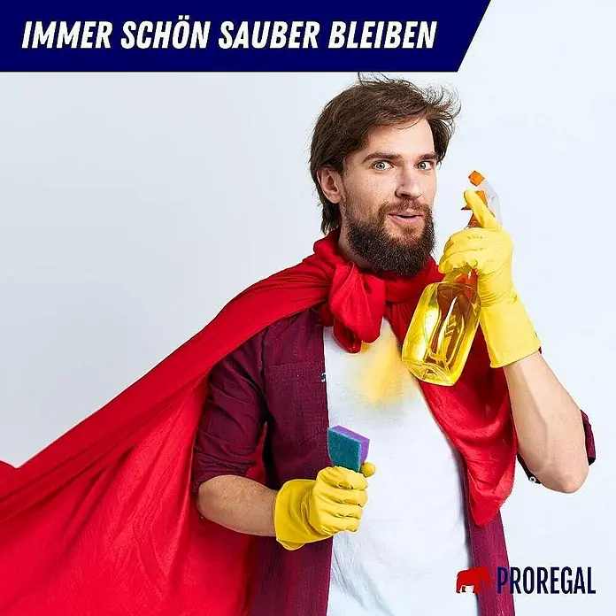 Proregal Asche-Mülleimer Rund feulöschend Wandaschenbecher - 2 l, Metall, Weiß mit schwarzem Deckel - Ein Mann im Superheldenkostüm, der mit Putzutensilien für Sauberkeit wirbt. Immer schön sauber bleiben!