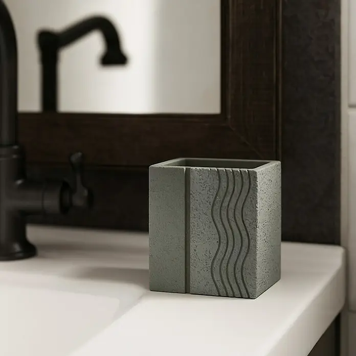 Aquasanit Fossil Portacepillos - L x An x Al: 9,2 x 9,2 x 4,7 cm, Plástico - Soporte decorativo para cepillos de dientes gris con diseño de ondas. Perfecto para baños. Mejora cualquier tocador.