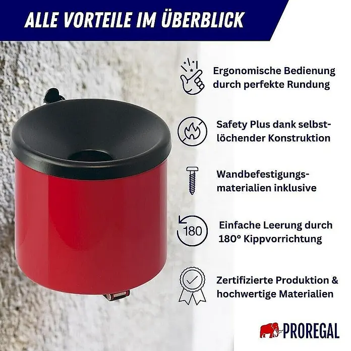 Proregal Asche-Mülleimer Rund feulöschend Wandaschenbecher - 2 l, Metall, Rot mit schwarzem Decker - Wandaschenbecher in Rot und Schwarz mit detaillierter Produktbeschreibung und Vorteilen auf dem Bild.