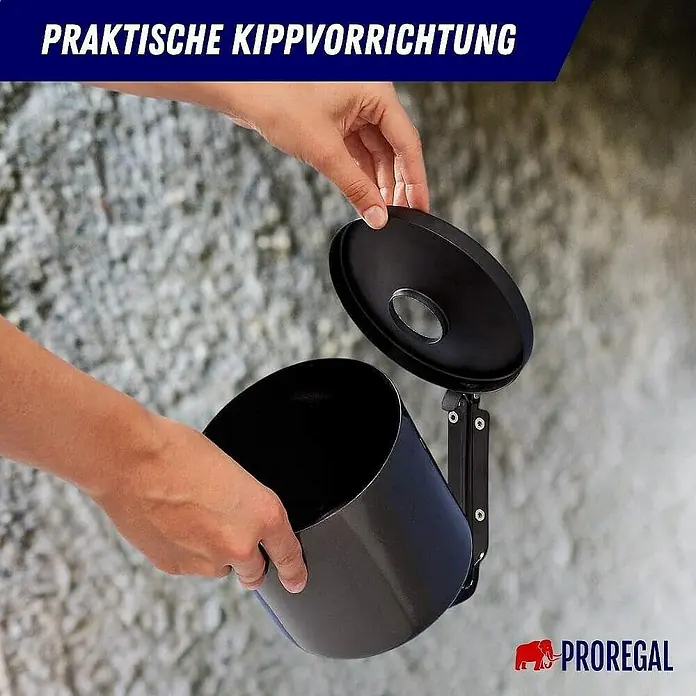 Proregal Asche-Mülleimer Rund feulöschend Wandaschenbecher - 2 l, Metall, Rot mit schwarzem Decker - Bild einer praktischen Kippvorrichtung, ideal für kleine Abfälle, mit Händen, die den Deckel öffnen.\n