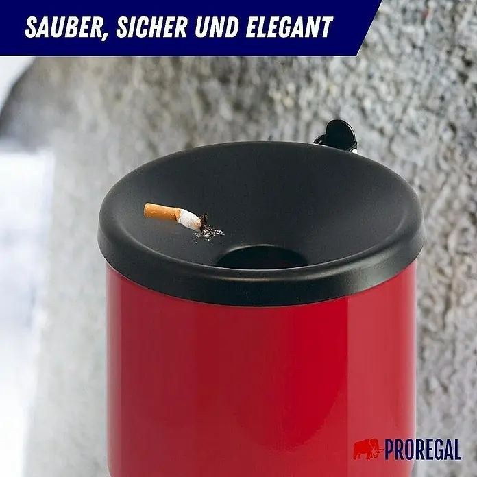 Proregal Asche-Mülleimer Rund feulöschend Wandaschenbecher - 2 l, Metall, Rot mit schwarzem Decker - Roter Standaschenbecher mit schwarzem Deckel und einer Zigarettenkippe. Ideal für Raucherbereiche im Freien.