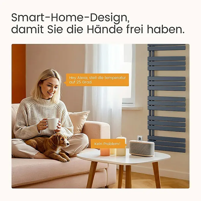 Emke Elektro-Badheizkörper Flachrohr Handtuchwärmer Calida - B x H: 50 x 160 cm - Frau entspannt sich mit Smart Home-Technologie. Ein modernes Heizpaneel und ein Lautsprecher sind zu sehen.