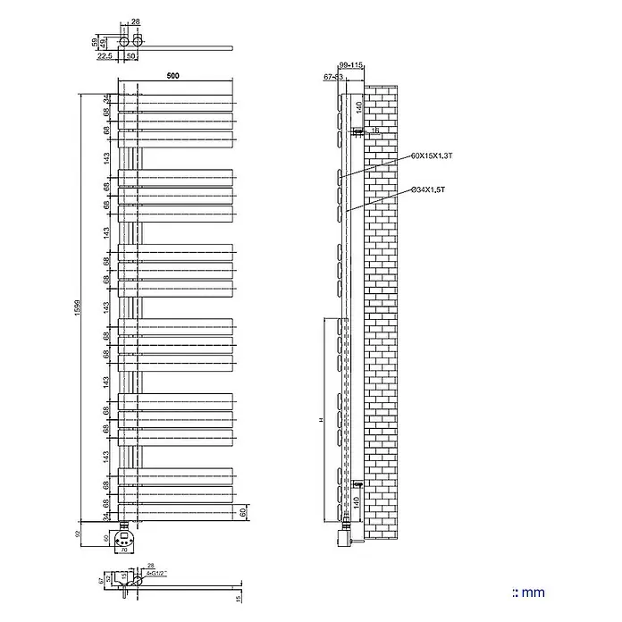 Emke Elektro-Badheizkörper Flachrohr Handtuchwärmer Calida - B x H: 50 x 160 cm - Eine detaillierte Zeichnung eines Heizkörpers mit Maßangaben, einschließlich Höhe, Breite und Wandabstand.