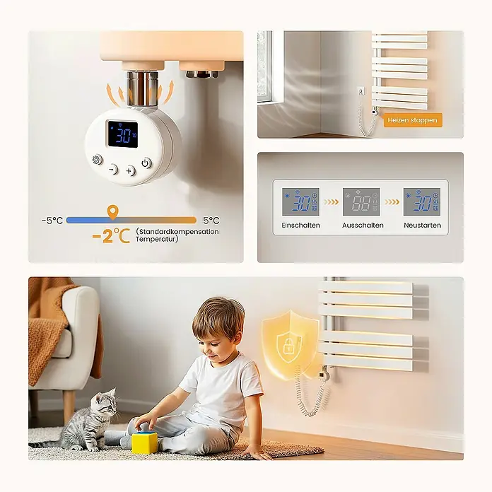 Emke Elektro-Badheizkörper Flachrohr Handtuchwärmer Calida - B x H: 50 x 160 cm - Produktbild eines beheizbaren Handtuchhalters mit digitaler Steuerung, der Komfort und Sicherheit im Badezimmer bietet.