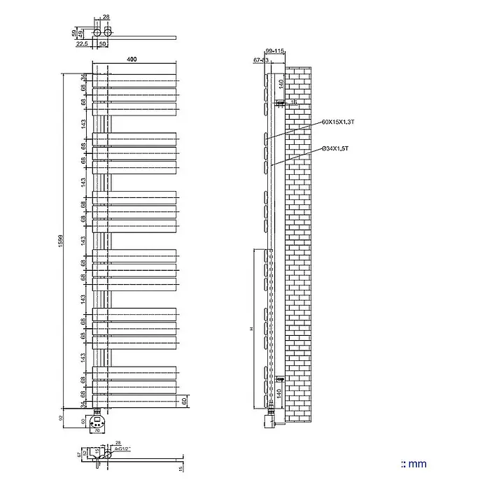 Emke Elektro-Badheizkörper Flachrohr Handtuchwärmer Calida - B x H: 40 x 160 cm - Abbildung eines Heizkörpers mit Maßen und technischen Details.