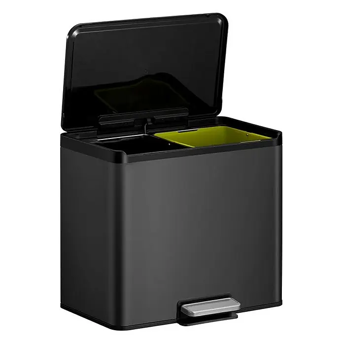 Proregal Treteimer - 30 l, Edelstahl, Schwarz - Ein offener, schwarzer Mülleimer mit zwei Fächern, ideal für die Mülltrennung in Küche oder Büro.