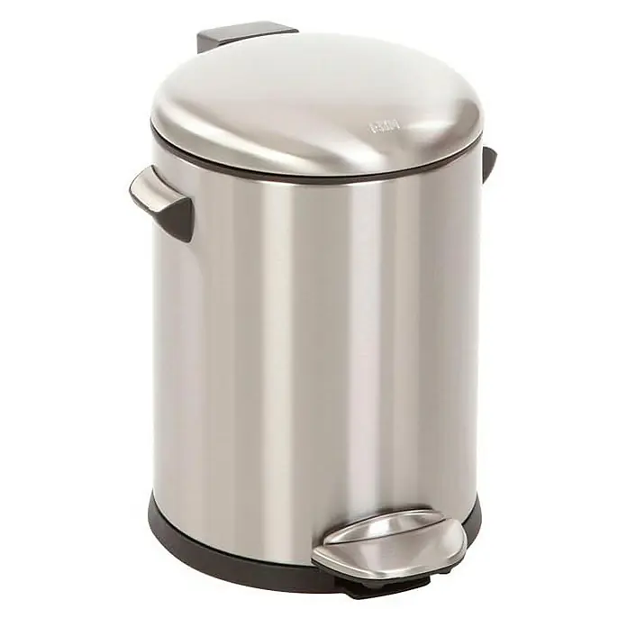 Proregal Treteimer Retro Treteimer mit markanten Griffen und Kugelkappe - 5 l, Kunststoff, Silber - Ein runder, silberner Treteimer aus Edelstahl mit schwarzem Fuß und Deckeldetails, ideal für Bad oder Küche.