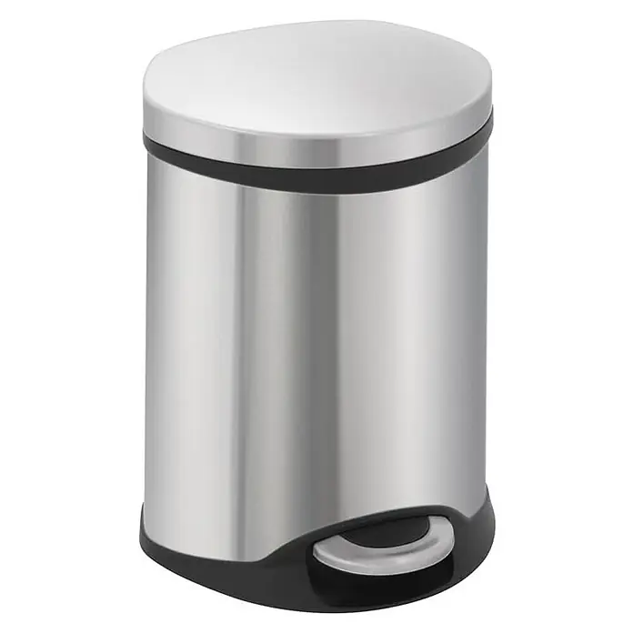 Proregal Treteimer Auffallender muschelförmiger Treteimer - 6 l, Edelstahl, Edelstahl - Abbildung eines stilvollen, runden Treteimers aus Edelstahl mit schwarzem Fuß und Deckel. Ideal für Bad oder Küche.