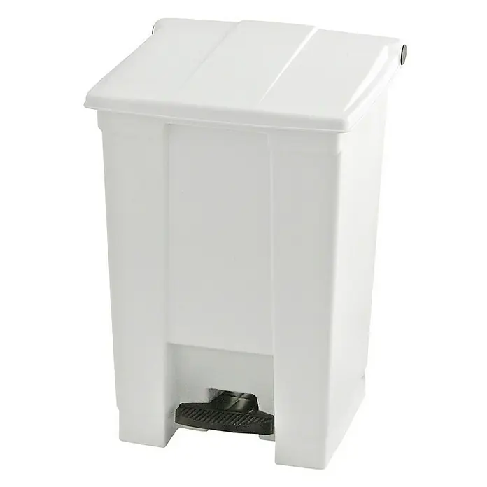 Proregal Treteimer Rubbermaid Robuster Pedaleimer - 45,4 l, Kunststoff, Weiß - Ein weißer Treteimer mit Deckel. Der Treteimer ist aus Kunststoff und hat ein schwarzes Pedal zum Öffnen des Deckels.