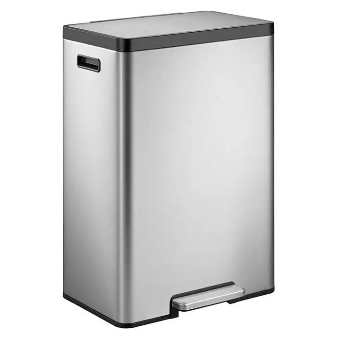 Proregal Treteimer - 30 l, Edelstahl, Silber - Metall Abfallbehälter mit schwarzem Deckel und Pedal, ideal für Küche oder Bad. Der Mülleimer hat auch einen Tragegriff an der Seite.