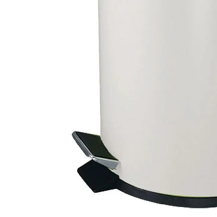 Proregal Treteimer Runder Tretabfallsammler mit herausnehmbaren Kunststoff-Inneneimer - 5 l, Metall, Weiß - Ein weißer Treteimer mit einem schwarzen Pedal und einem silbernen Scharnier. Der Eimer ist sauber und modern gestaltet.
