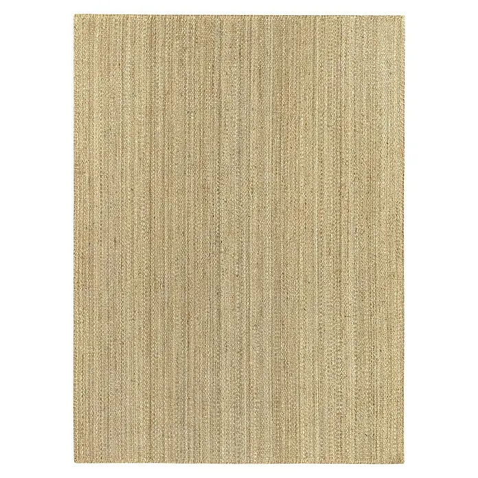 Alfombra de yute Córdoba - Natural, 350 x 250 cm, 100% yute - Primer plano de una alfombra beige de fibra natural que muestra una sutil textura lineal, ideal para añadir calidez y confort.
