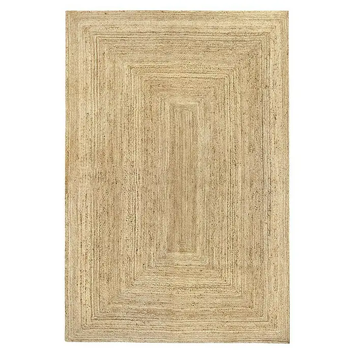 Alfombra de yute Nazar - Beige, 360 x 220 cm - Alfombra rectangular de yute beige con bordes múltiples, que añade un toque decorativo y textura natural a cualquier habitación.