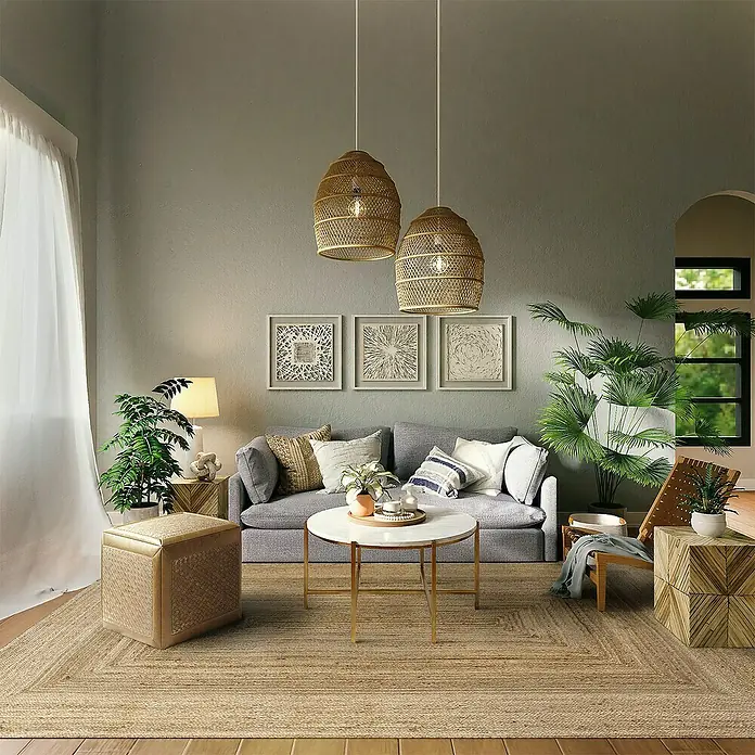 Alfombra de yute Nazar - Beige, 360 x 220 cm - Sala de estar con sofá gris, mesa redonda y dos lámparas colgantes de cesta, creando un ambiente acogedor.