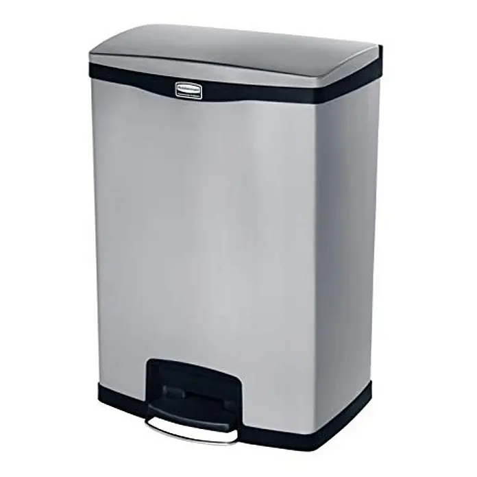 Proregal Treteimer - 40 l, Edelstahl, Edelstahl - Ein Edelstahl-Treteimer von Rubbermaid. Der Treteimer hat einen schwarzen Rand oben und unten und ein silberfarbenes Gehäuse.