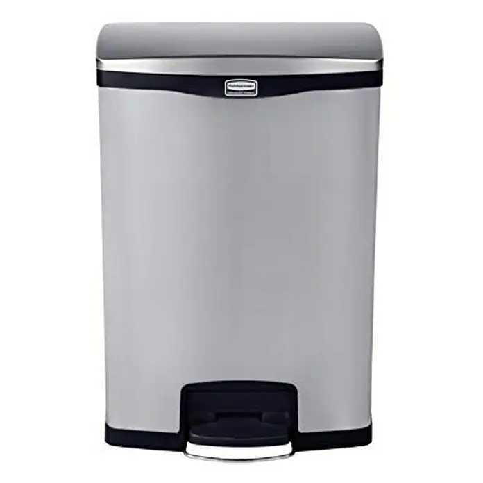 Proregal Treteimer - 40 l, Edelstahl, Edelstahl - Bild eines silberfarbenen Rubbermaid-Treteimer mit einem schwarzen Sockel und dem Rubbermaid-Logo unter dem Deckel.