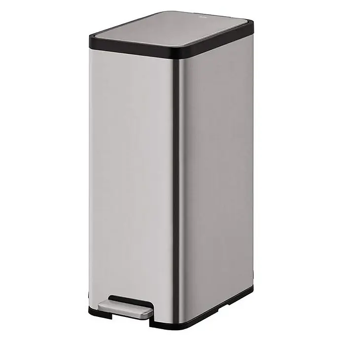 Proregal Treteimer Kompakter und funktionaler Treteimer aus mattgrauem Edelstahl - 45 l, Edelstahl, Silber - Ein schlanker, silberfarbener Treteimer aus Metall mit schwarzem Rand und Pedal. Ideal für Bad oder Küche und hält die Hände sauber.