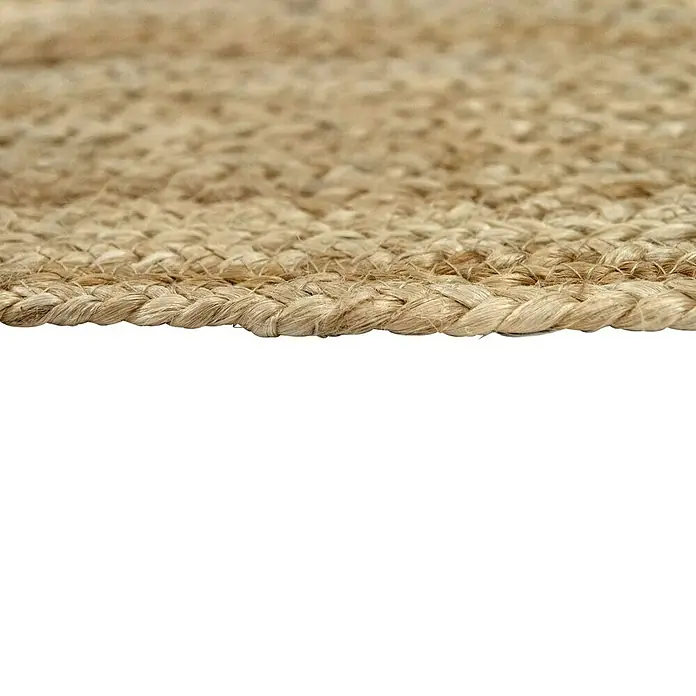 Alfombra de yute Nazar - Beige, 500 x 300 cm - Detalle de una alfombra trenzada de fibra natural, mostrando su textura rústica y tonos cálidos. Ideal para un interior acogedor.