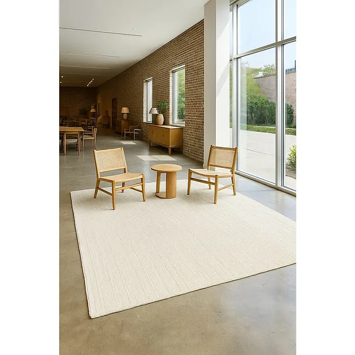 Alfombra de yute Nazar - Blanco, 350 x 250 cm - Una alfombra color crema bajo dos sillas de madera y una mesa auxiliar. La alfombra añade calidez y estilo a la habitación.