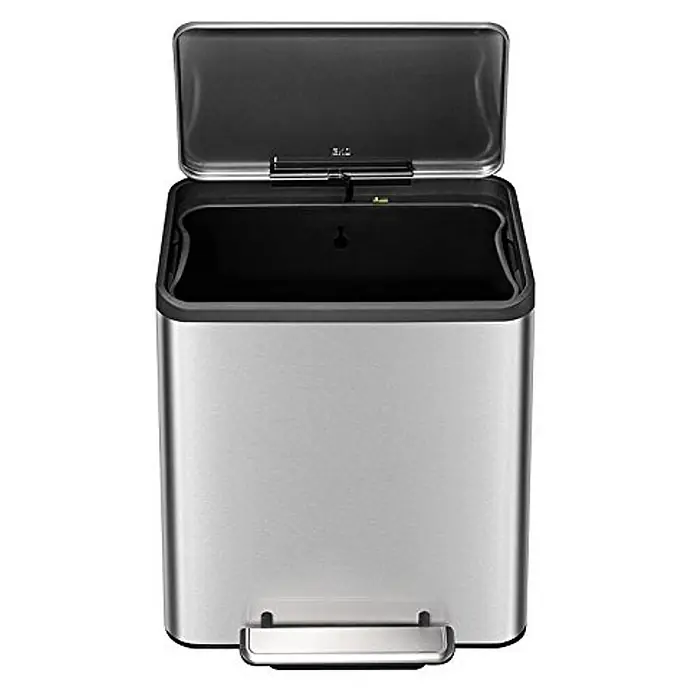 Proregal Treteimer - 30 l, Edelstahl, Silber - Ein moderner, eckiger Treteimer aus Edelstahl mit offenem Deckel. Praktisch und stilvoll für Küche oder Bad.