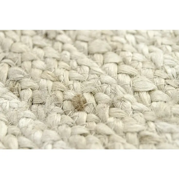Alfombra de yute Nazar - Blanco, 300 x 250 cm - Primer plano de una alfombra trenzada de fibra natural en tonos claros, mostrando su textura rústica y belleza natural.