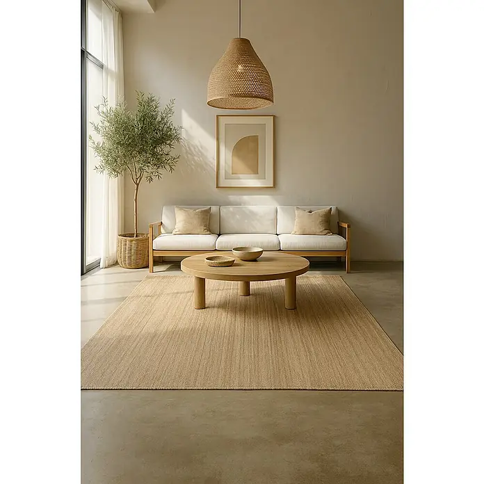 Alfombra de yute Córdoba - Natural, 400 x 300 cm, 100% yute - Una sala de estar con una alfombra beige, una mesa redonda y un sofá de color claro bajo una luz decorativa.