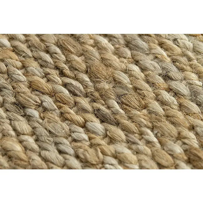 Alfombra de yute Córdoba - Natural, 360 x 220 cm, 100% yute - Primer plano de una alfombra de yute tejida que muestra una textura natural y rústica. Ideal para añadir un toque acogedor a cualquier habitación.