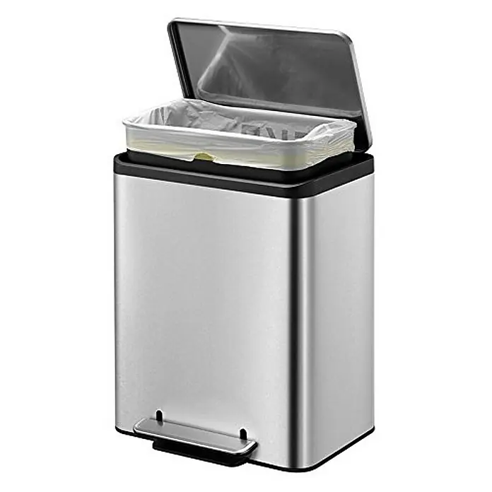 Proregal Treteimer - 30 l, Edelstahl, Silber - Ein silberfarbener, rechteckiger Treteimer mit geöffnetem Deckel und einem Müllbeutel im Inneren.