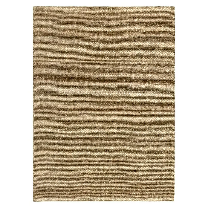 Alfombra de yute Málaga - Natural, 400 x 300 cm, 100% yute - Primer plano de una muestra de tela beige con un tejido fino y texturizado, ideal para tapicería o decoración, que ofrece una estética cálida y natural.