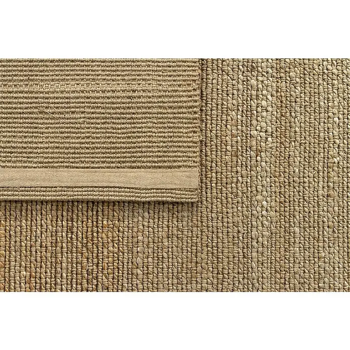 Alfombra de yute Málaga - Natural, 350 x 250 cm, 100% yute - Primer plano de una alfombra de sisal beige con diferentes patrones de tejido, destacando la textura y el diseño de la alfombra.