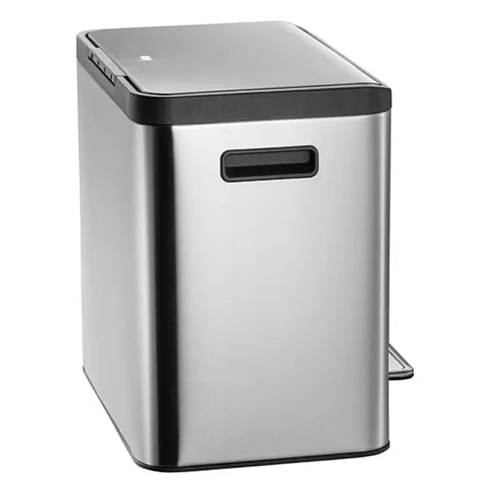 Proregal Treteimer - 30 l, Edelstahl, Silber - Ein moderner, eckiger Treteimer aus Edelstahl mit schwarzem Deckel und Tragegriff für den Haushalt.