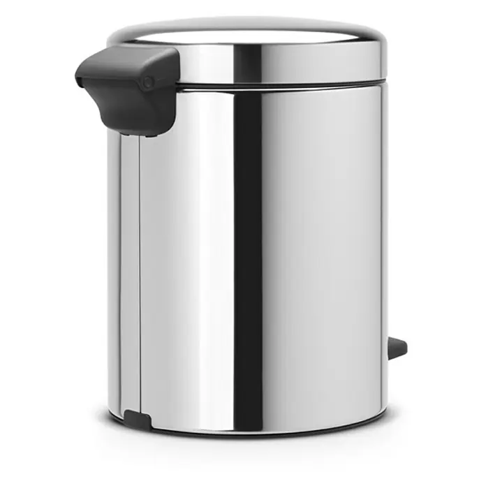 Proregal Treteimer Brabantia Klassischer Tretmülleimer mit Soft-Verschluss - 5 l, Metall, Edelstahl - Ein glänzender, zylindrischer Edelstahl-Treteimer mit schwarzem Deckelöffner und Fußpedal für hygienische Abfallentsorgung im Haushalt.