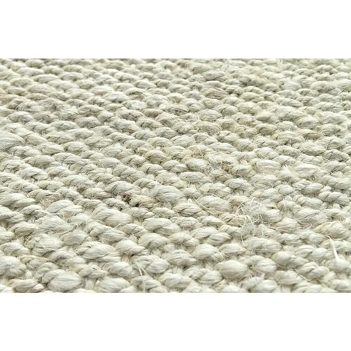 Alfombra de yute Córdoba - Blanco, 300 x 240 cm, 100% yute - Primer plano de una alfombra tejida que muestra una textura irregular, dando una sensación de elegancia rústica.