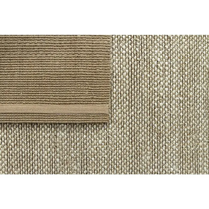 Alfombra de yute Málaga - Blanco/Natural, 300 x 250 cm, 100% yute - Detalle de una alfombra que muestra diferentes tejidos y texturas en tonos naturales.