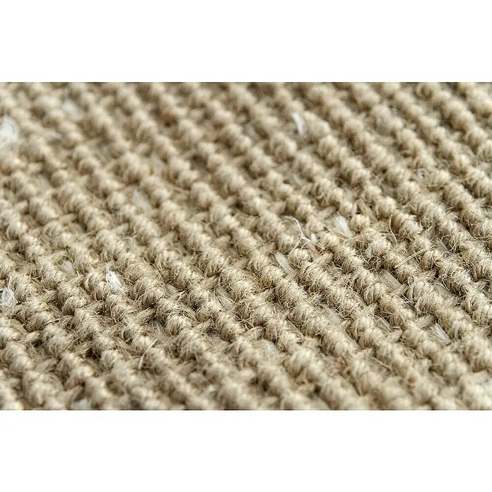 Alfombra de yute Málaga - Blanco/Natural, 300 x 250 cm, 100% yute - Primer plano de una alfombra beige con superficie texturizada, ideal para suelos y textiles del hogar.