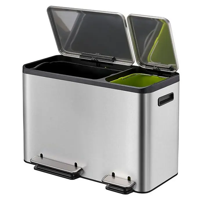 Proregal Treteimer - 36 l, Edelstahl, Silber - Doppelter Treteimer aus Edelstahl mit zwei Fächern und getrennt zu öffnenden Deckeln.