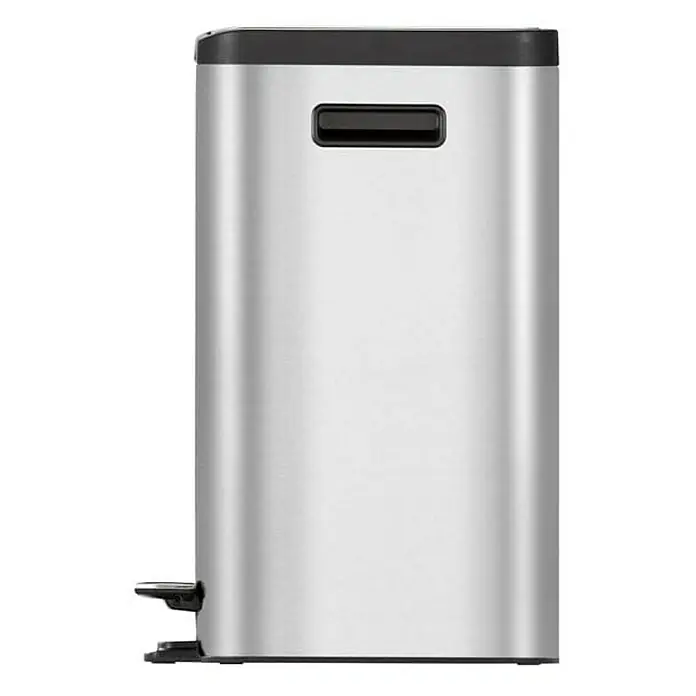 Proregal Treteimer - 36 l, Edelstahl, Silber - Bild eines modernen, silberfarbenen Treteimers mit schwarzem Deckel und Tragegriff, ideal für Küche oder Bad.\n